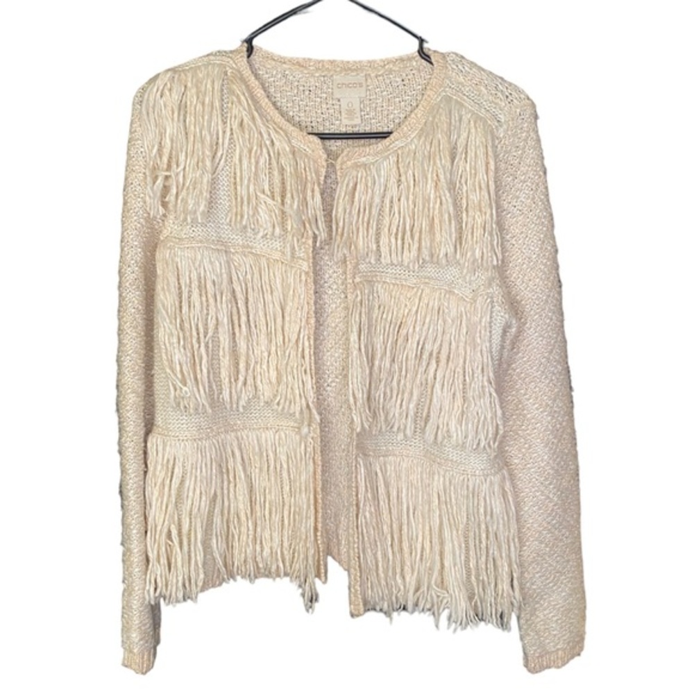 Chicos Kyleigh yarn fringe gold thread open front cardigan size 0 or US 4/6
